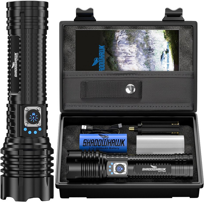 Shadowhawk 초강력 led 손전등 XHM77.2 10000Lumen USB충전식 5000mAh 장시간 사용 IP67 방수 5단 모드 캠핑 순찰 비상용 휴대용 랜턴, 1세트, 블랙