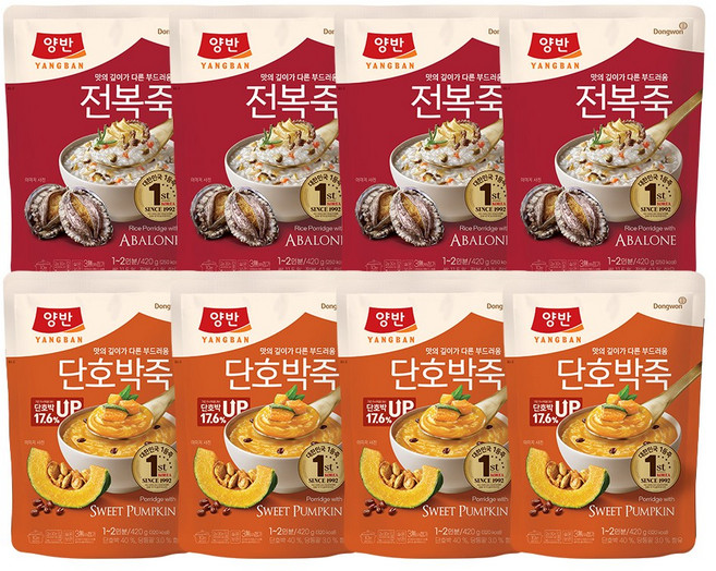 [동원] 양반 파우치죽 420g 전복죽 x 4개 + 단호박죽 x 4개, 1개