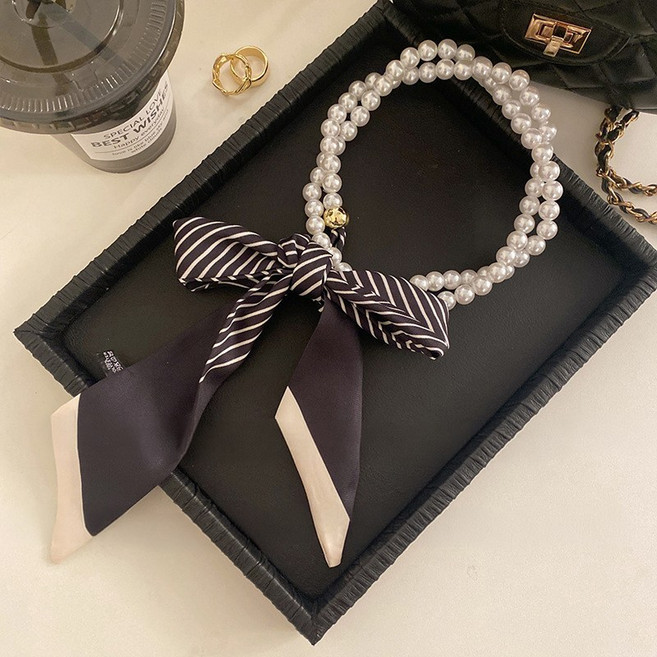 진주 장식 스카프 패션 리본 쁘띠 목걸이 코디 아이템