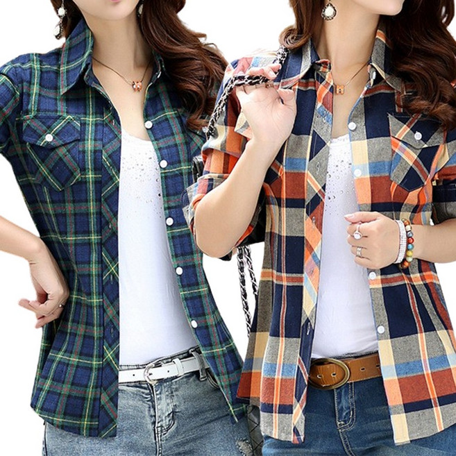 로로비 [1+1] 슬림핏 면 여성셔츠 면 여성체크남방 긴팔 셔츠 블라우스