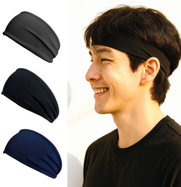 브로키 신축성 좋은 남녀공용 스포츠 헤어 밴드 3종, 블랙+그레이+네이비, 1세트