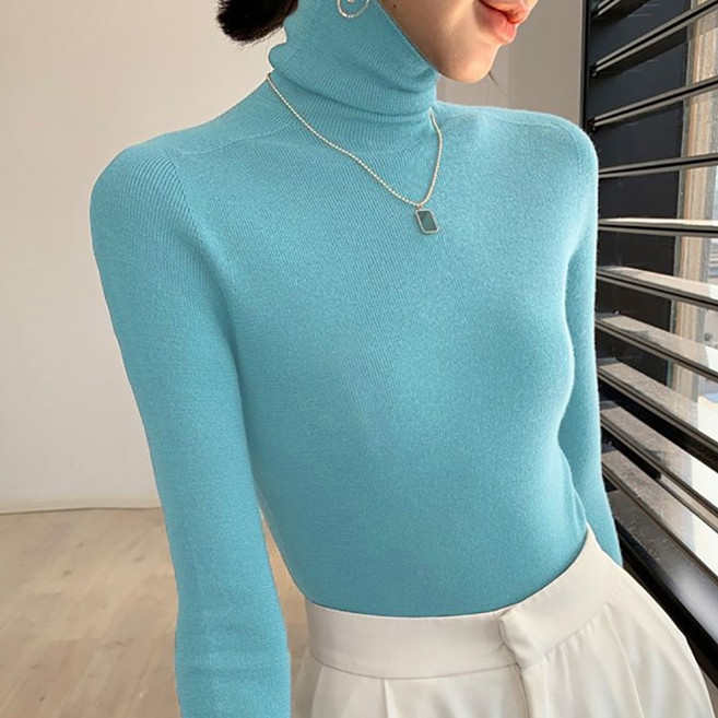 여성 목폴라 니트티 부드러운 슬림핏 스판 터틀넥 폴라 티셔츠 슬림소녀