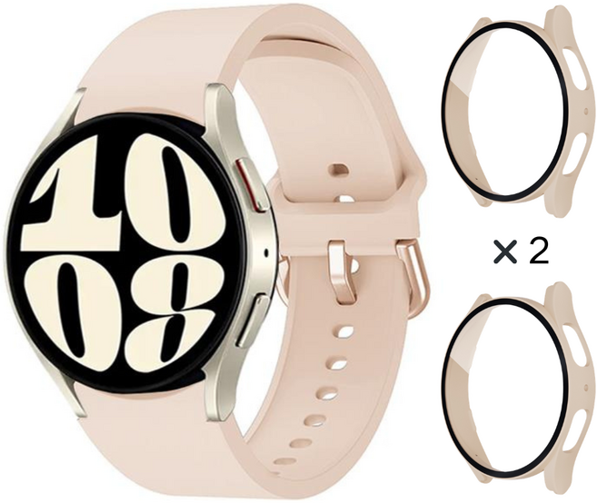 갤럭시워치 호환 8 7 6 5 4 스포츠 실리콘 스트랩 + 보호 PC강화유리 풀커버 케이스 2개입, 핑크/핑크