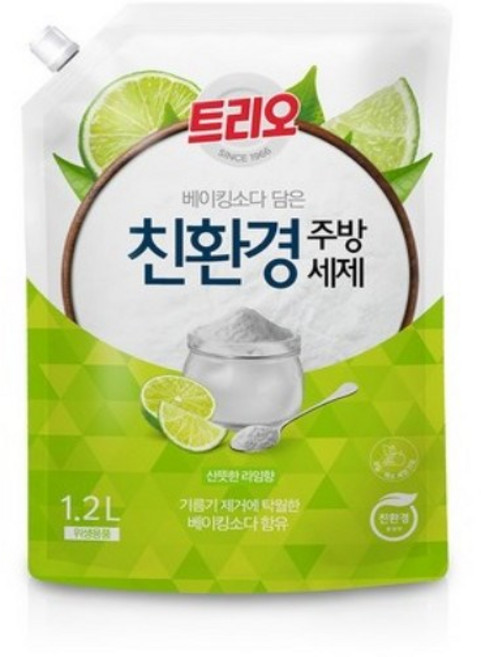 [트리오] 트리오 베이킹소다 담은 친환경 주방세제 라임향 리필, 1개, 1.2L