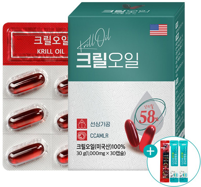 크릴오일 남극 크릴 오일 1000mg 인지질 58% 오메가3, 4개 + 엘리스 사은품, 58% 30정, 30정