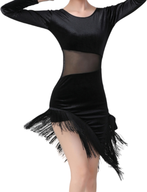 벨벳 망사 언발란스 수술 댄스복 원피스 라틴 라인 스포츠 살사 댄스 연습복 공연복, 블랙