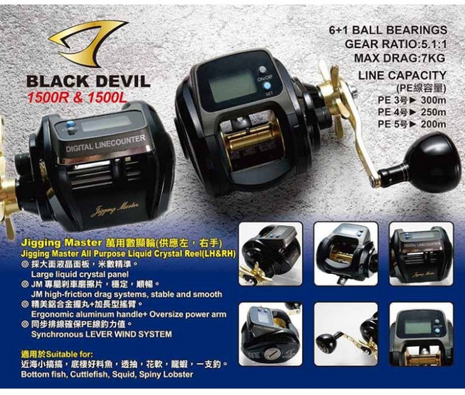 Jigging Master BLACK DEVIL 1500R/1500L 電子計米數顯鼓式捲線器, 1個, BLACK DEVIL 1500右手