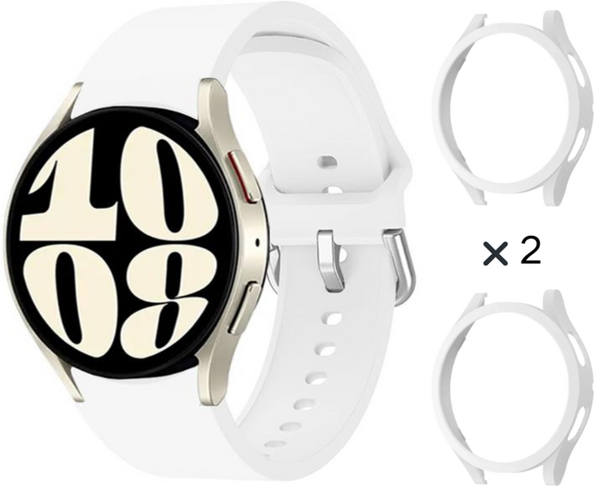 갤럭시워치 호환 8 7 6 5 4 스포츠 실리콘 스트랩 + 보호 PC강화유리 풀커버 케이스 2개입, 화이트/화이트