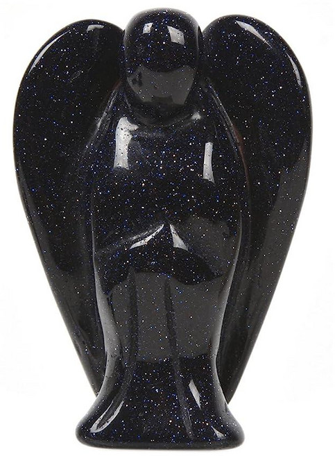 Justinstones 조각된 블랙 흑요석 원석 평화 천사 포켓 수호 천사 치유 조각상 5.1cm(2인치), 합성 블루 골드스톤