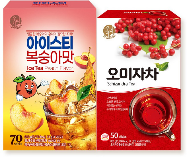 우리차 복숭아 아이스티 70스틱+오미자차 50스틱