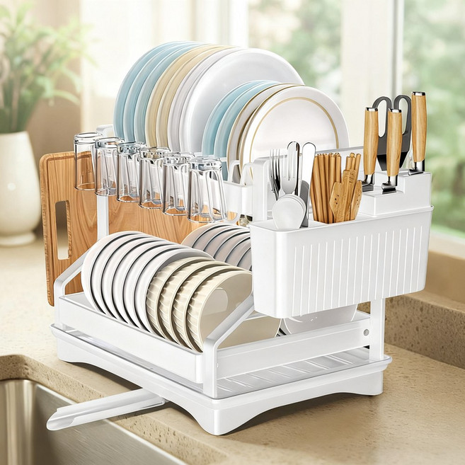 Zaxnouvi 자동배수 탄소강 식기건조대 그릇 접시 도마 칼 수저 정리대 2단 (가정용 사이즈 41x30x33cm), 화이트, 1개