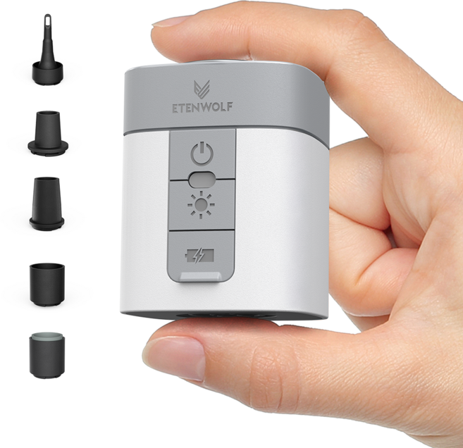 ETENWOLF AIR 3 무선 에어펌프 2600mAh 배터리 및 캠핑 라이트 장착 초고속 미니 전동 펌프 에어매트리스 충전 및 배기용, 화이트, 1개