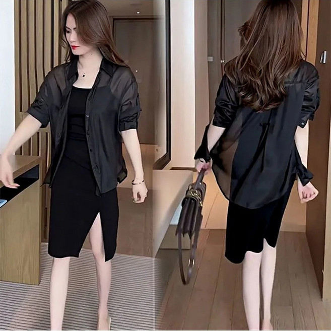 패셔너블 자외선 차단 셔츠 여성 여름 자외선 차단 블라우스 프리미엄 천연 실크뛰어난 통기성, 그레이x1, 1개