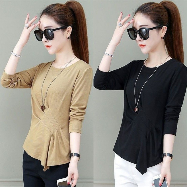 1+1 여성 봄 가을 티셔츠 캐주얼 슬림핏 긴팔티 패션 심플 여성 봄티 솔리드 데일리 여성 이너 상의 원플러스원 YMY