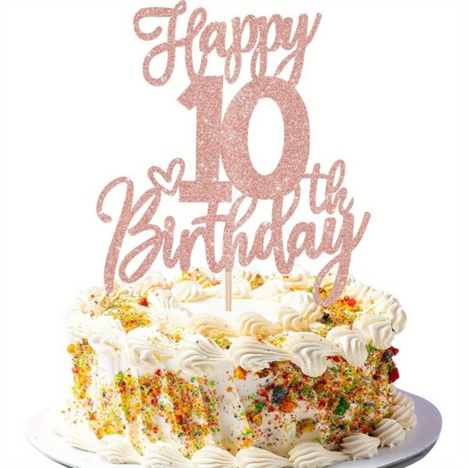 1개 로즈 골드 스파클 해피 10번째 생일 케이크 토퍼 - 축하합니다 텐 장식-어린이 파티, 01 금