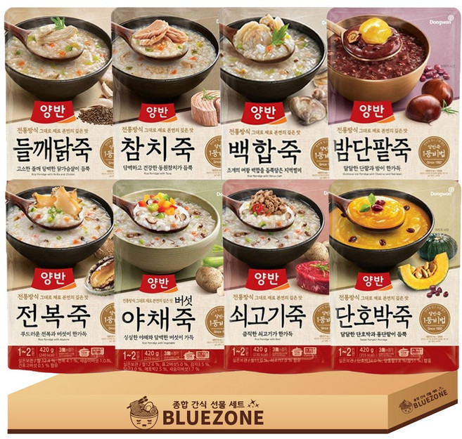 동원 양반죽 간편식 파우치 8종 420g 전복죽+쇠고기죽+단호박죽+버섯야채죽+들깨닭죽+백합죽+밤단팥죽+참치죽, 1개
