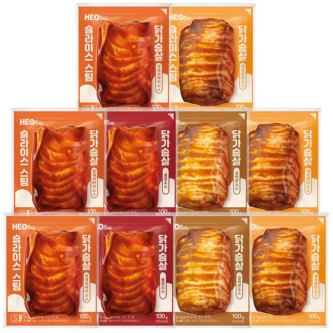 허닭 슬라이스 스팀 소스 닭가슴살 100g 4종 혼합, 10개