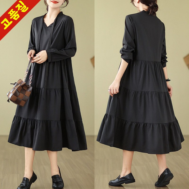 (신상 추천) 100kg까지 빅사이즈 여성 스트랩 주름 a라인 긴팔 원피스 봄 가을 편한 3단 캉캉 미니멀 박스 플레어 베이직 솔리드 트렌드 세련된 오버핏 긴 국내생산 원피스