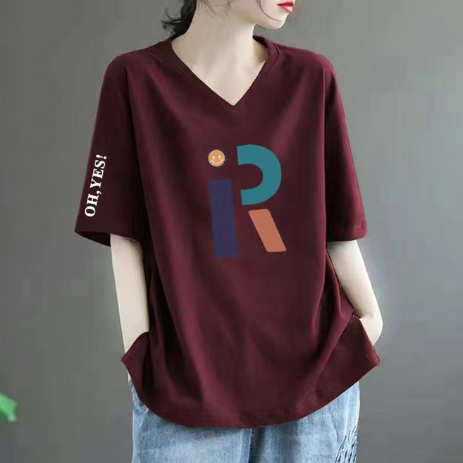 ROYALBELLE 여성 루즈핏 브이넥 레터링 프린트 편안한 반팔 티셔츠 U0042921