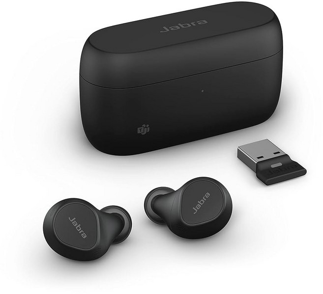 Jabra Evolve2 트루 와이어리스 인이어 블루투스 이어버드 무선 충전 패드 포함 - 액티브 노이즈 캔슬링 멀티 센서 음성 기술 MS 팀 인증 기타 모든 플랫폼과 함께, Charging Cord, Teams Certified, USB-A Dongle
