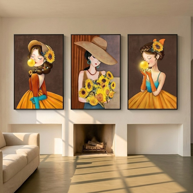 다루미 해바라기 행운이 들어오는 그림 사진 액자, 해바라기소녀, 3개, 블랙