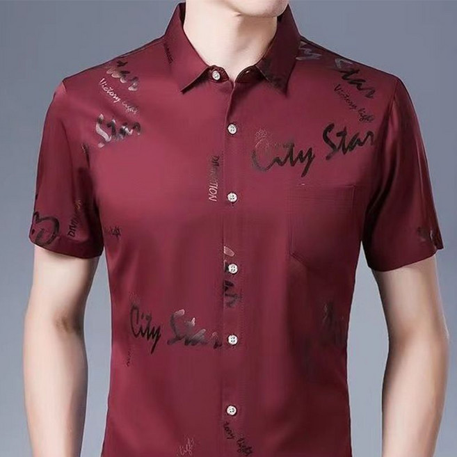 블라벨리 남성 실크 셔츠 반팔셔츠 비즈니스 댄스복 캐주얼 남방 시원한 중년 아빠룩 프린트 냉감티 ZH1006, 레드와인1