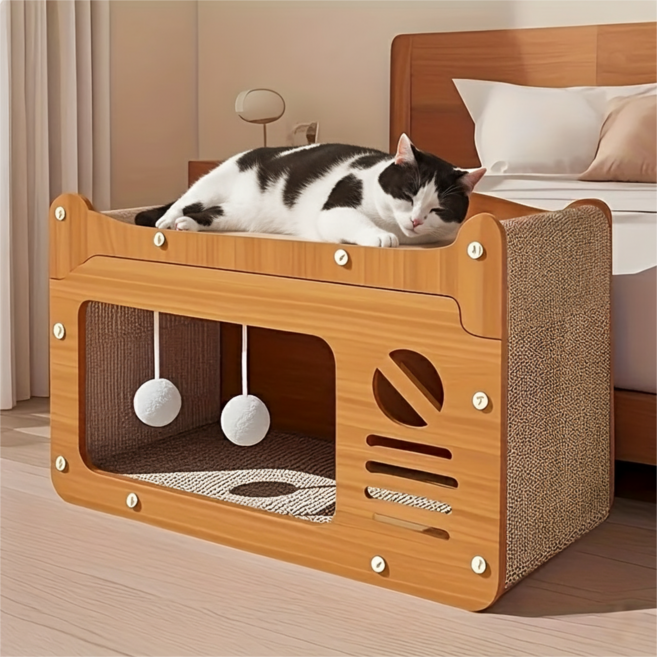 대형 2단 고양이 숨숨집 스크래처 보드 볼 장난감 하우스, 1개, 브라운