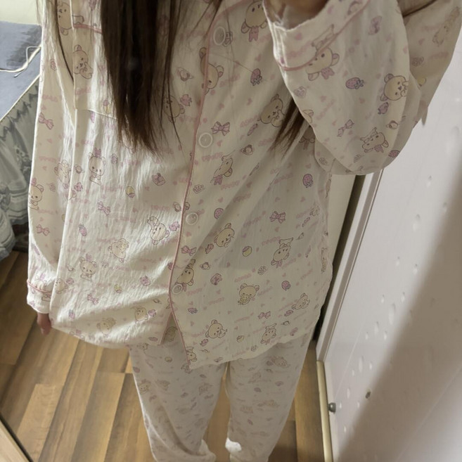 해피유통 여성용 봄 가을 긴소매 잠옷 세트 보온 면 소재 귀여운 캐릭터 패턴 편안한 잠옷