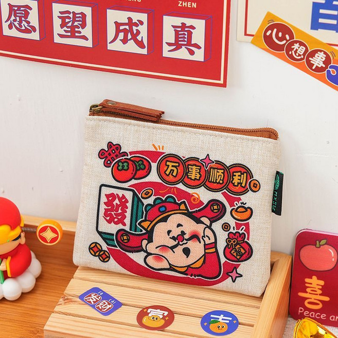原創龍年國潮棉麻帆布拉鏈小錢包 女學生迷你可愛零錢包口紅包小號