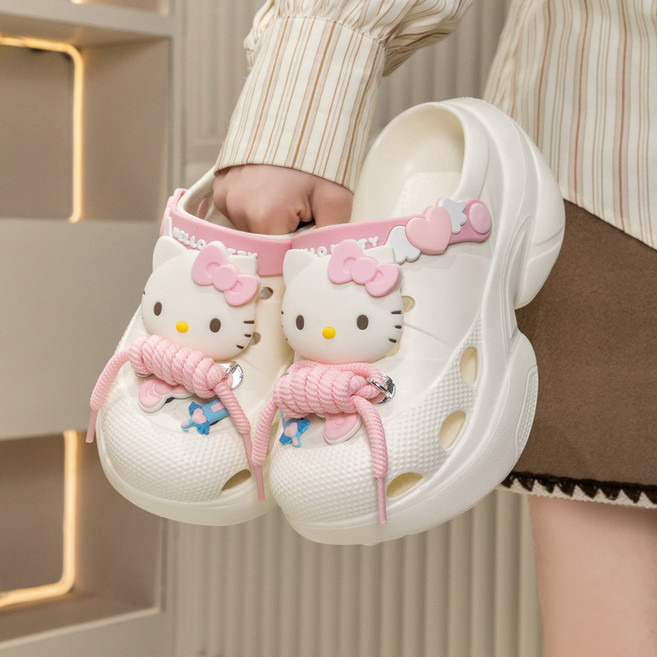 (아미자드) 산리오 캐릭터 여성용 홀 크로스 슬리퍼 귀엽고 키높이 실내외 겸용 미끄럼 방지 두꺼운 밑창 여름용 슬리퍼