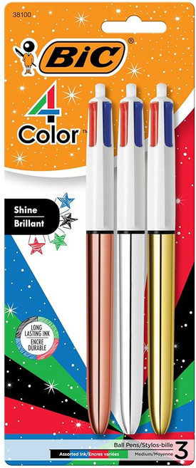 BIC 4색 샤인 리트랙터블 메탈릭 볼펜 중간 지점(1.0mm) 3캔 팩 리트랙터블 볼펜 오래 지속되는 잉크 포함