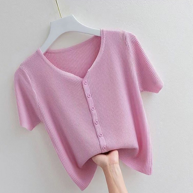 ROYALBELLE 여성 아이스실크 반팔 니트 가디건 브이넥 버튼 포인트 얇은 단색 가디건 F0052722