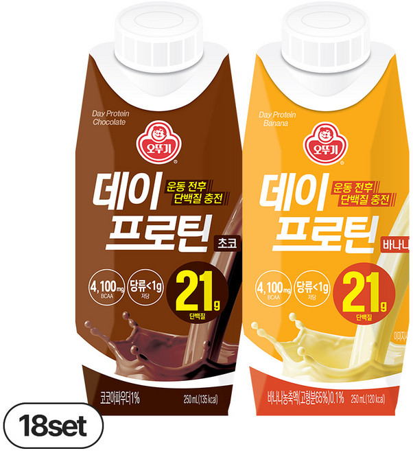 오뚜기 데이프로틴 초코 250ml 18개 + 오뚜기 데이프로틴 오곡 250ml 18개 (총 36개)