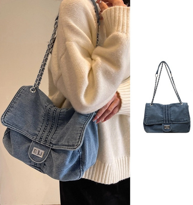 에쥬아 캐주얼 크로스백 데님 체인숄더백