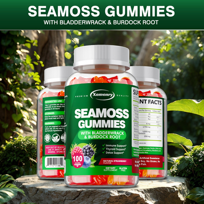 블래더랙과 우엉 뿌리가 함유된 바다 이끼 3000mg 구미 - 면역 갑상선 및 해독 지원을 위한 천연 아일랜드 바다 이끼 - 매우 강력하고 맛있음 - 글루텐 프리 비건, 1개, 60정