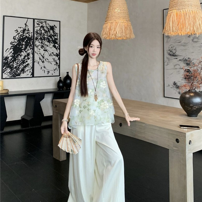 ORZQU 여름 여성 세트 패션 루즈핏 민소매 탑 하이웨스트 와이드 팬츠 투피스