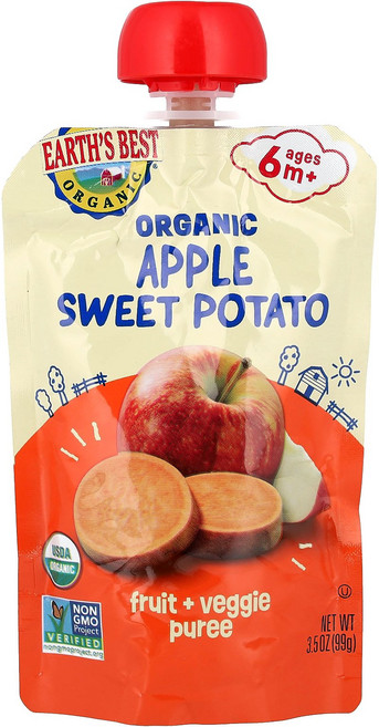 Earth's Best 유기농 과일 + 채소 퓨레 생후 6개월 이상 사과 고구마 99g(3.5oz) Best (얼스 베스트), Earth's Best, 유기농 과일 + 채소 퓨레,