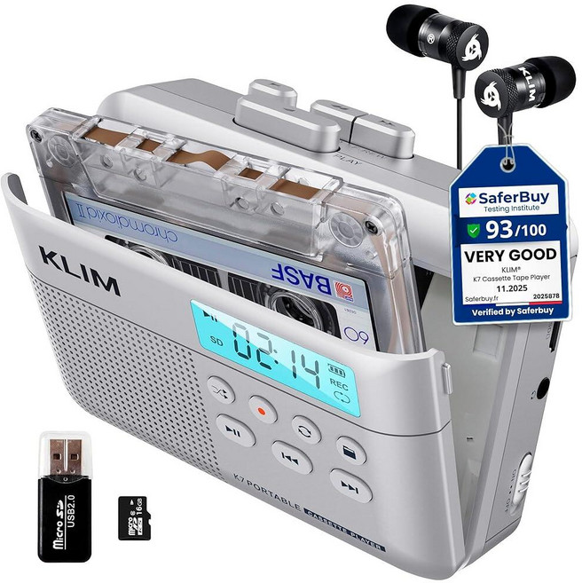 KLIM K7 카세트 테이프 플레이어 - 카세트에서 MP3로 변환기 휴대용 내장 마이크 및 스피커 충전식 배터리 이어폰 16GB SD 카드 실버, Silver