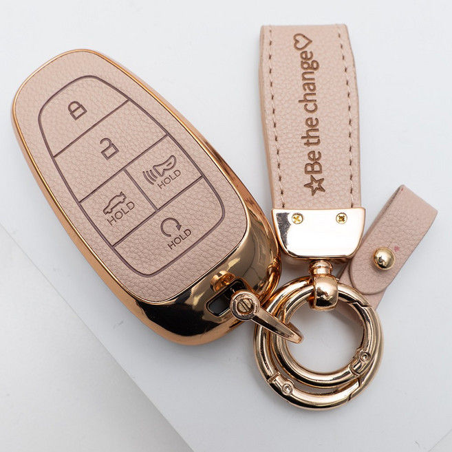 양면각인 더뉴팰리세이드 더뉴그랜저 싼타페TM 투싼NX4 넥쏘 쏘나타DN8 스타리아 호환 리모콘 가죽 차키케이스 커버 스마트 5버튼 키홀더 스트랩, KH17_TL27, 아이보리골드