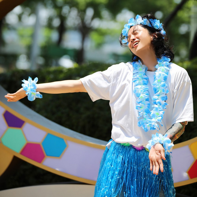 하와이안 4종 세트 (블루) 훌라스커트 목걸이 화관 팔찌, 단품, 단품