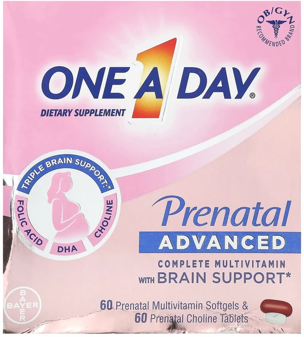 단백질 비타민 철분 마그내슘 칼슘 One-A-Day 임산부용 어드밴스드 두뇌를 지원하는 컴플리트 종합비타민 임산부용 종합비타민 소프트젤 60정 & 임산부용 콜린 60정 고루고루섭취 - 쿠팡