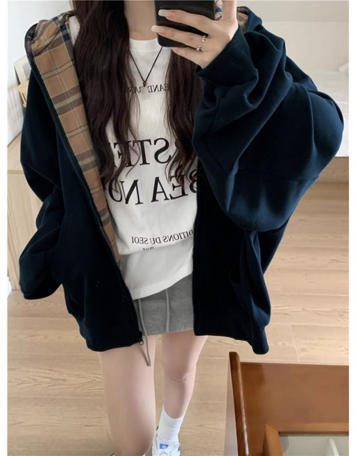 梨卡 女裝加厚內鋪毛格紋連帽衛衣外套 氣質保暖中長版
