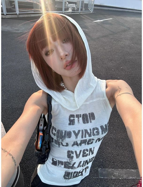 美式復古Y2k連帽無袖背心T恤 夏季性感顯瘦透視上衣