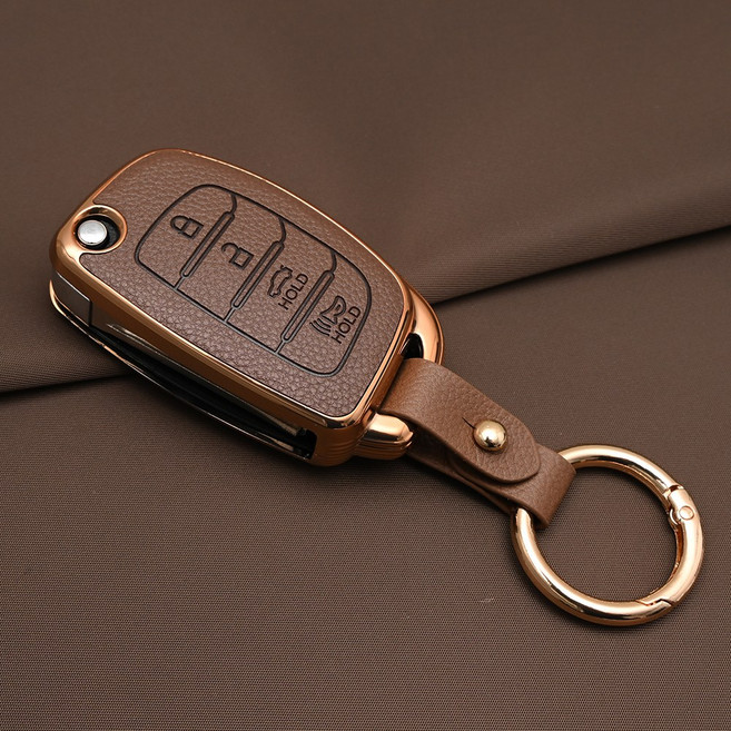 현대 아반떼MD 그랜저HG 호환 프리미엄 TPU 가죽 자동차 스마트 키 케이스 차 키홀더, 가로4버튼TL70, 브라운골드