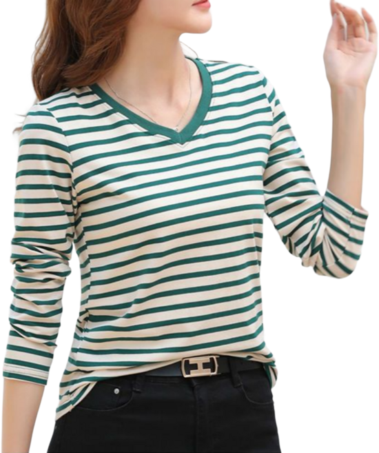 YEON HOME 여성 브이넥 티셔츠 스트라이프 줄무니 긴팔