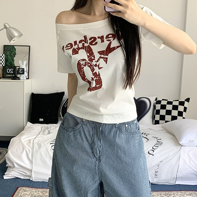 [빈티지힙/3col] 배디 루즈핏 언발 오프숄더 프린팅 반팔 티셔츠