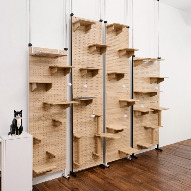 洞洞板頂天立地貓爬架(貓跳台)系列, 原木+黑色, 1套