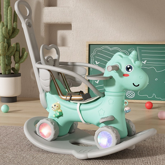 搖搖馬木馬兒童搖馬嬰兒寶寶溜溜車二合一週歲生日禮物玩具小搖馬, 1個, 青色天馬單靠背+護欄+推杆+餐盤:如圖