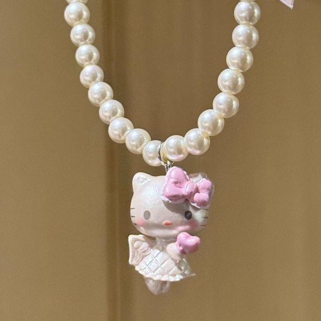 헬로키티 핑크감성 진주 목걸이 헬로키티 리본 펜던트 감성 목걸이 포인트 액세서리