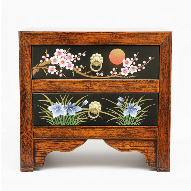 가온공방 원목 고가구 서랍장 민화 수작업 그림 전통 엔틱 수납장 다용도 협탁 380, 1개, 2단 민화 서랍장